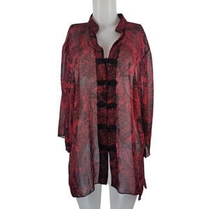 Maggie Barnes Red/Black Sheer Sparkle Long Sleeve Blouse 0X/14/16 NWT